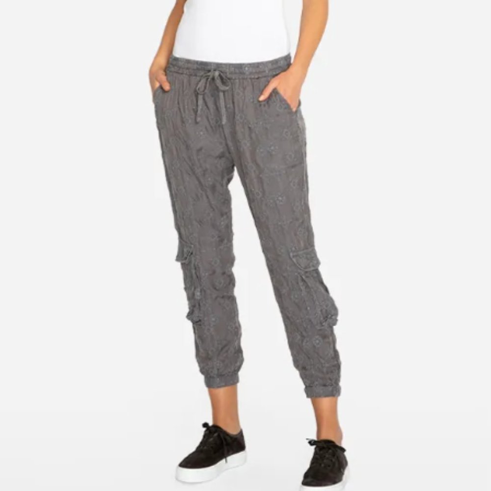 JOHNNY WAS Cupro Embroidered Cargo Cropped Jaspil Jogger Pants XS Grey